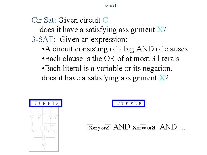3 -SAT Cir Sat: Given circuit C does it have a satisfying assignment X?