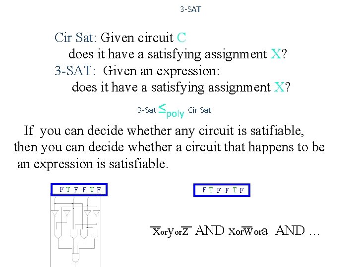 3 -SAT Cir Sat: Given circuit C does it have a satisfying assignment X?