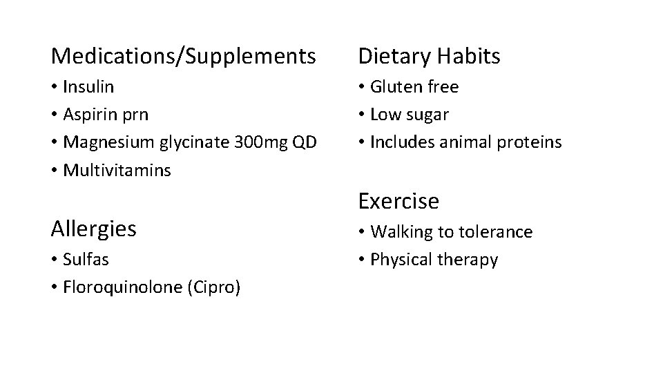 Medications/Supplements Dietary Habits • Insulin • Aspirin prn • Magnesium glycinate 300 mg QD