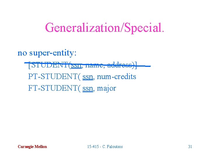 Generalization/Special. no super-entity: [STUDENT(ssn, name, address)] PT-STUDENT( ssn, num-credits FT-STUDENT( ssn, major Carnegie Mellon
