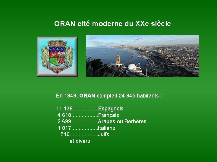 ORAN cité moderne du XXe siècle En 1849, ORAN comptait 24 845 habitants :