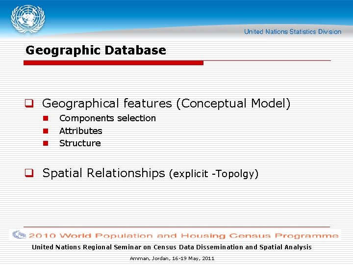 Geographic Database q Geographical features (Conceptual Model) n n n Components selection Attributes Structure