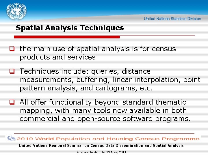 Spatial Analysis Techniques q the main use of spatial analysis is for census products