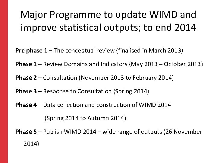 Major Programme to update WIMD and improve statistical outputs; to end 2014 Pre phase