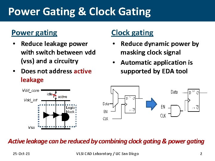 Power Gating & Clock Gating Power gating Clock gating • Reduce leakage power with