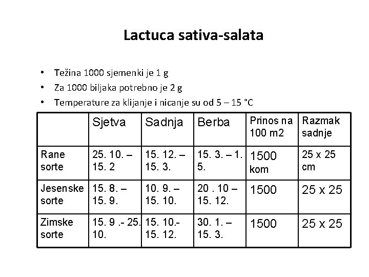 Lactuca sativa-salata • Težina 1000 sjemenki je 1 g • Za 1000 biljaka potrebno