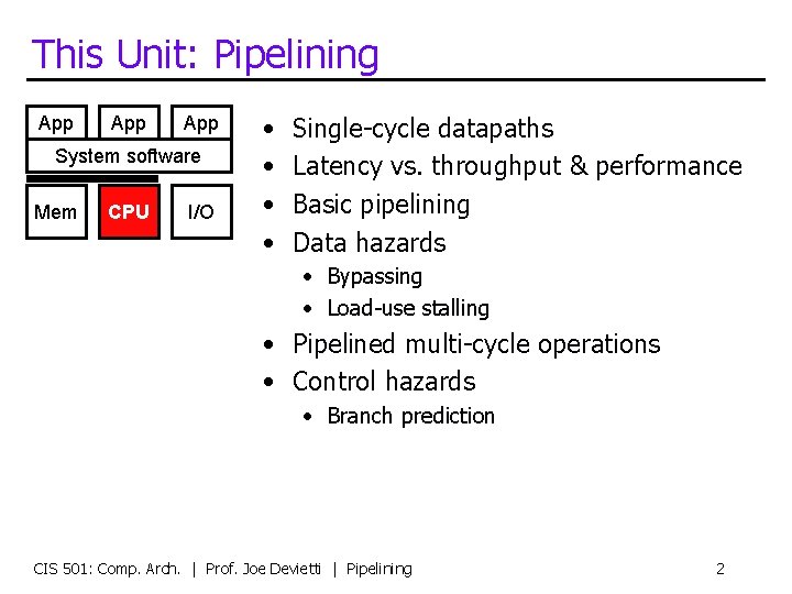 This Unit: Pipelining App App System software Mem CPU I/O • • Single-cycle datapaths
