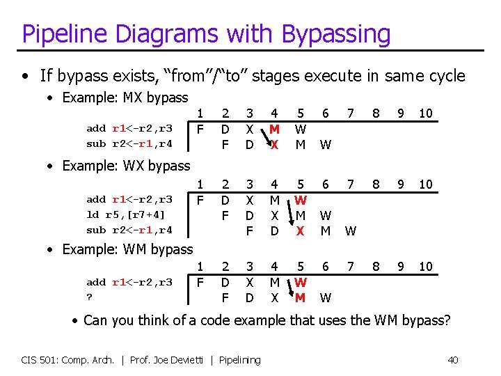 Pipeline Diagrams with Bypassing • If bypass exists, “from”/“to” stages execute in same cycle