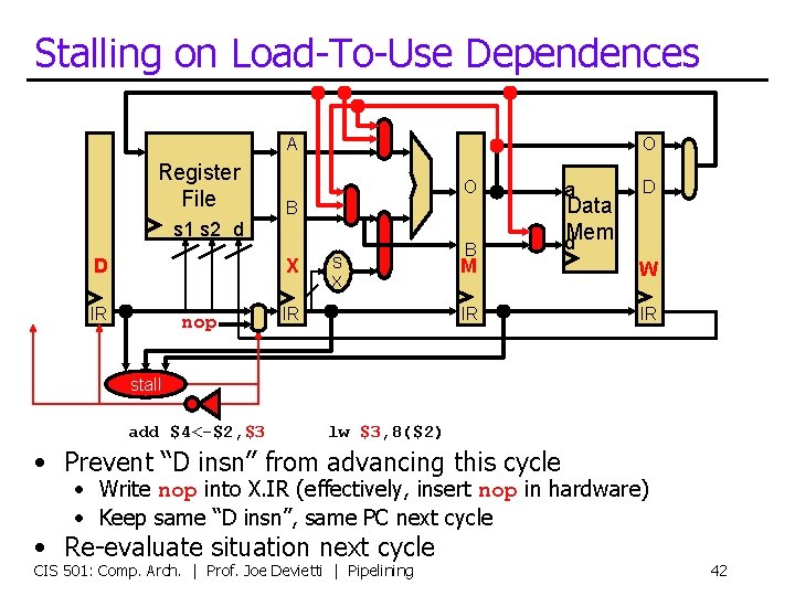 Stalling on Load-To-Use Dependences A Register File O O B s 1 s 2