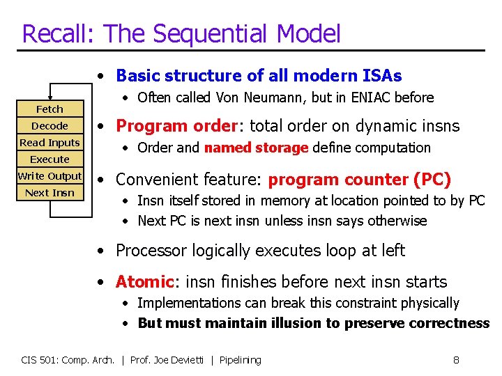 Recall: The Sequential Model • Basic structure of all modern ISAs Fetch • Often