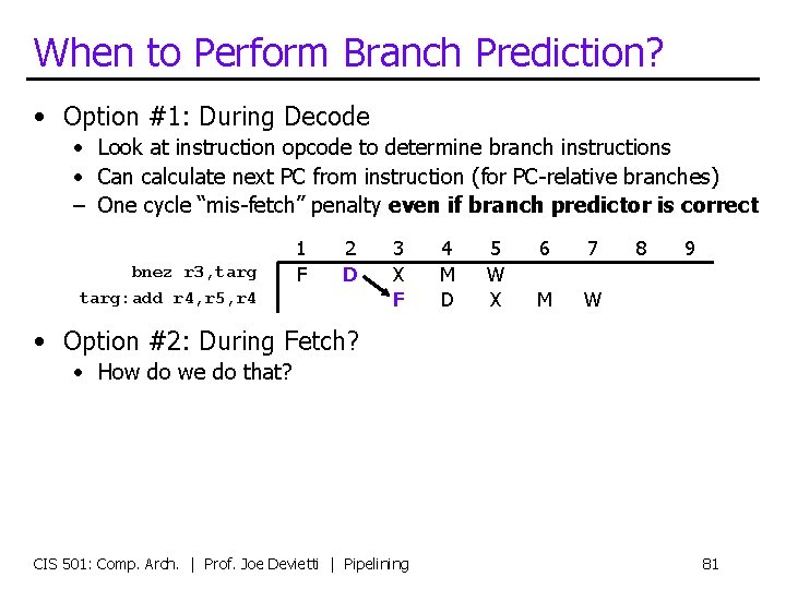 When to Perform Branch Prediction? • Option #1: During Decode • Look at instruction