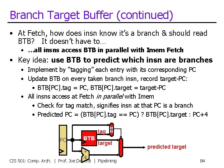 Branch Target Buffer (continued) • At Fetch, how does insn know it’s a branch