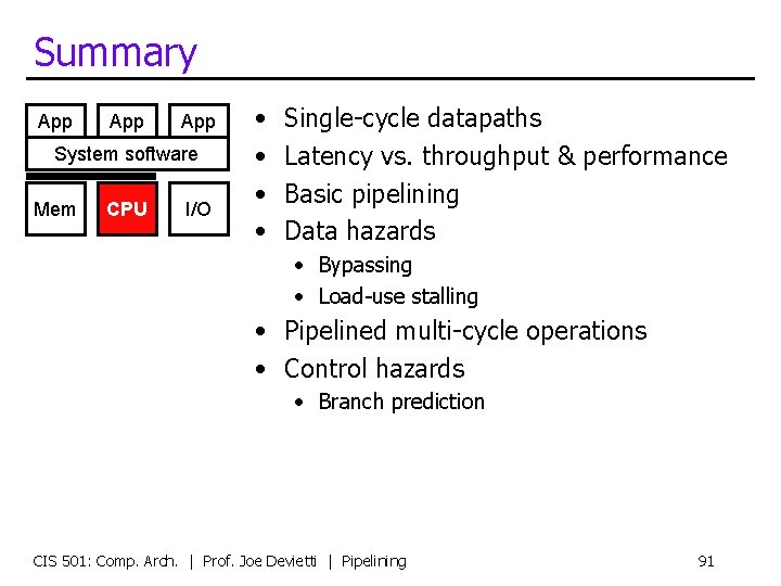 Summary App App System software Mem CPU I/O • • Single-cycle datapaths Latency vs.