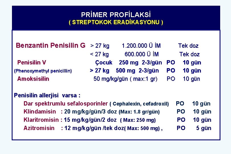 PRİMER PROFİLAKSİ ( STREPTOKOK ERADİKASYONU ) Benzantin Penisilin G > 27 kg Penisilin V