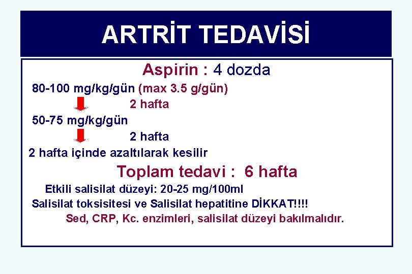 ARTRİT TEDAVİSİ Aspirin : 4 dozda 80 -100 mg/kg/gün (max 3. 5 g/gün) 2