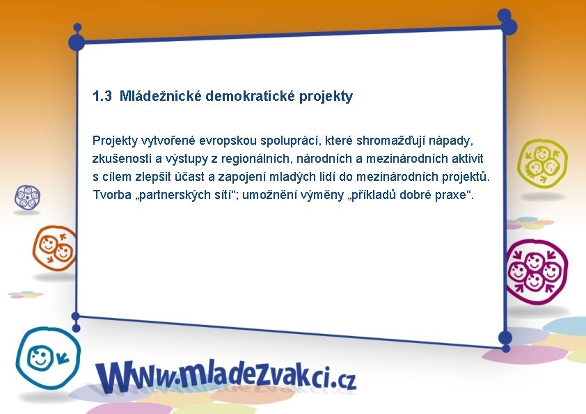 1. 3 Mládežnické demokratické projekty Projekty vytvořené evropskou spoluprácí, které shromažďují nápady, zkušenosti a