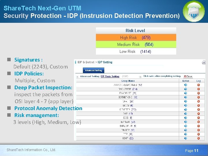 Share. Tech Next-Gen UTM Security Protection - IDP (Instrusion Detection Prevention) n Signatures :