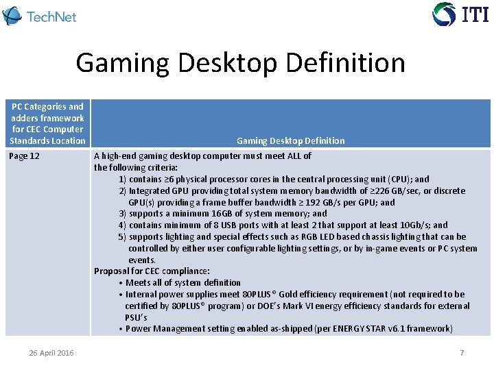 Gaming Desktop Definition PC Categories and adders framework for CEC Computer Standards Location Page