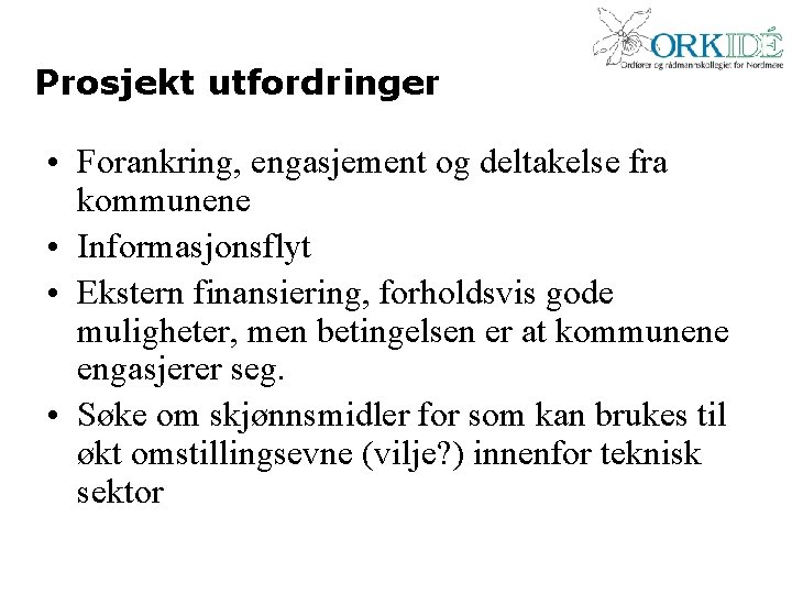 Prosjekt utfordringer • Forankring, engasjement og deltakelse fra kommunene • Informasjonsflyt • Ekstern finansiering,