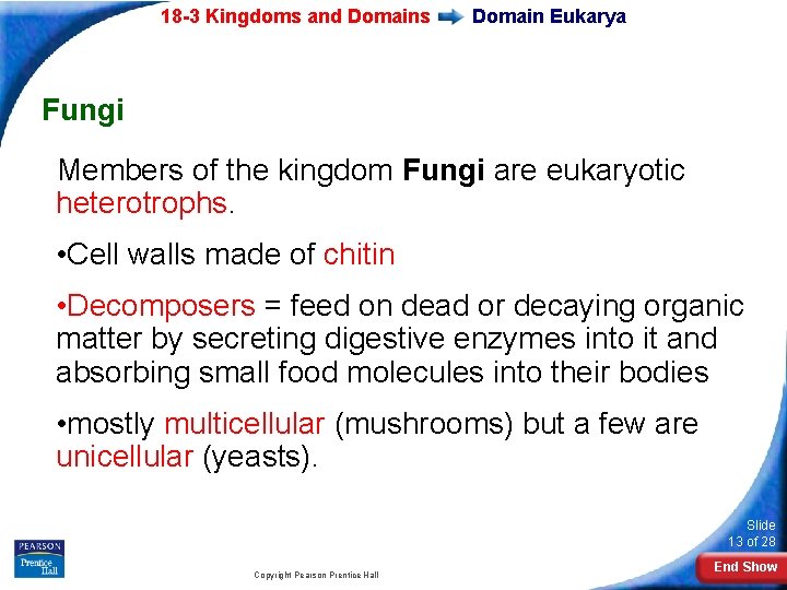 18 -3 Kingdoms and Domains Domain Eukarya Fungi Members of the kingdom Fungi are