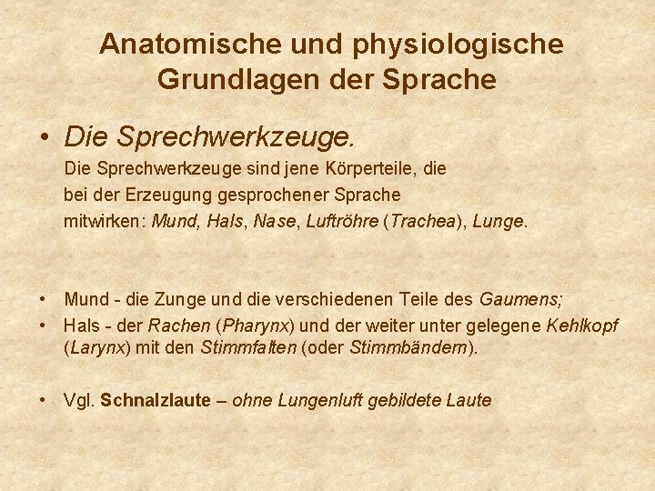 Anatomische und physiologische Grundlagen der Sprache • Die Sprechwerkzeuge sind jene Körperteile, die bei