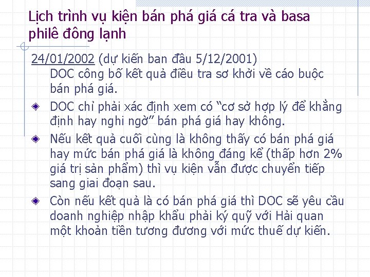 Lịch trình vụ kiện bán phá giá cá tra và basa philê đông lạnh