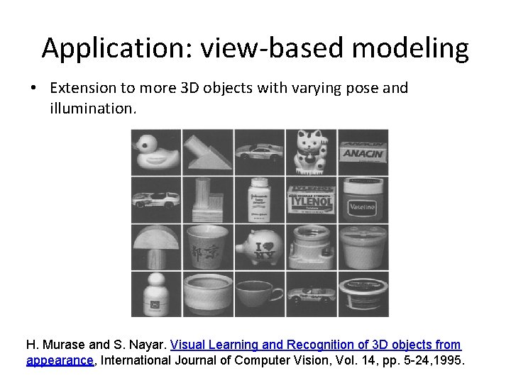 Application: view-based modeling • Extension to more 3 D objects with varying pose and