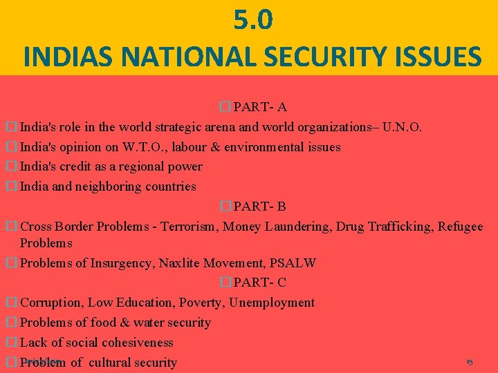 5. 0 INDIAS NATIONAL SECURITY ISSUES � PART- A � India's role in the