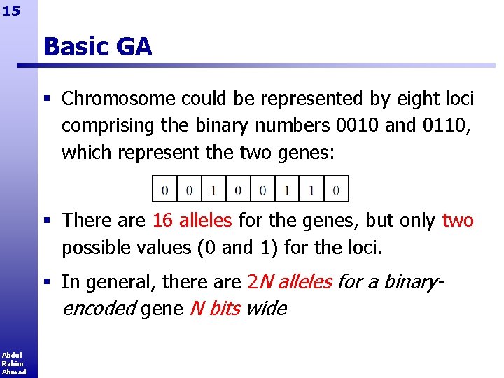 15 Basic GA § Chromosome could be represented by eight loci comprising the binary