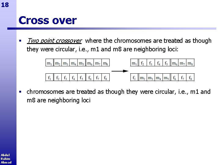 18 Cross over § Two point crossover where the chromosomes are treated as though