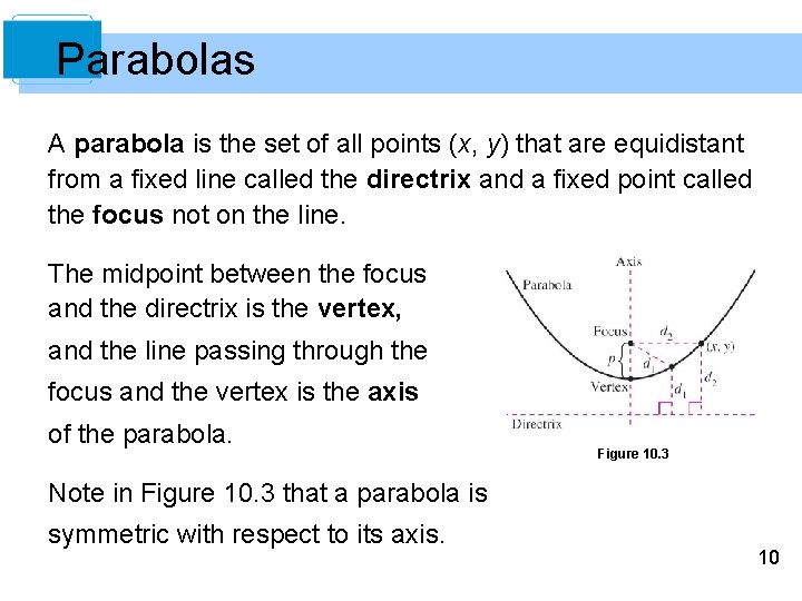 Parabolas A parabola is the set of all points (x, y) that are equidistant