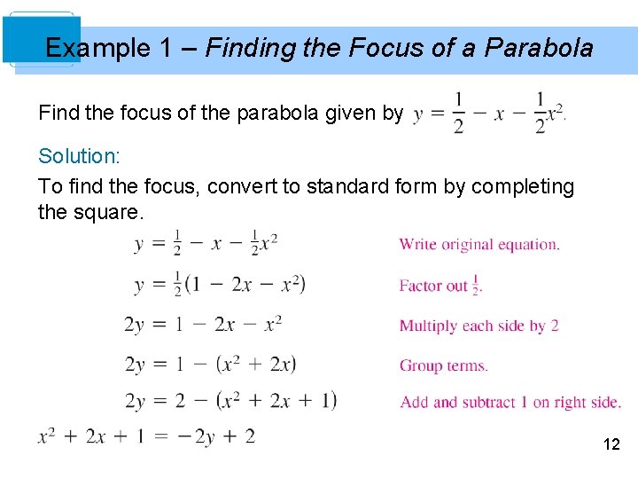 Example 1 – Finding the Focus of a Parabola Find the focus of the