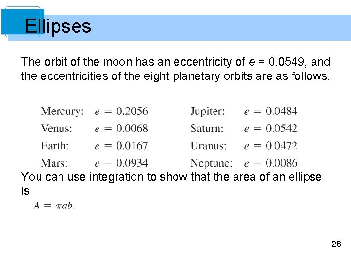 Ellipses The orbit of the moon has an eccentricity of e = 0. 0549,