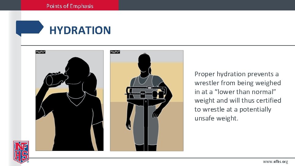 Points of Emphasis HYDRATION Proper hydration prevents a wrestler from being weighed in at