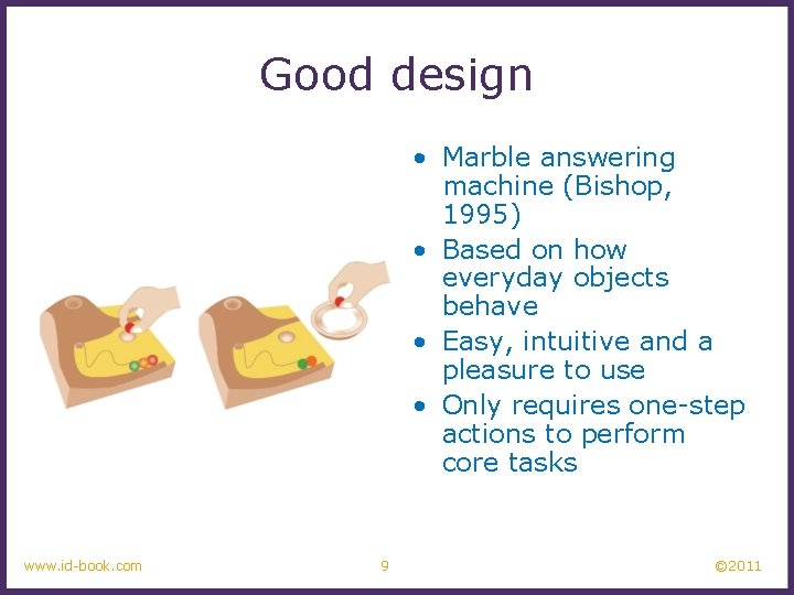 Good design • Marble answering machine (Bishop, 1995) • Based on how everyday objects Good design • Marble answering machine (Bishop, 1995) • Based on how everyday objects
