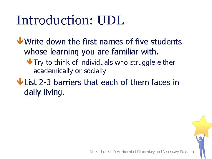Introduction: UDL Write down the first names of five students whose learning you are Introduction: UDL Write down the first names of five students whose learning you are