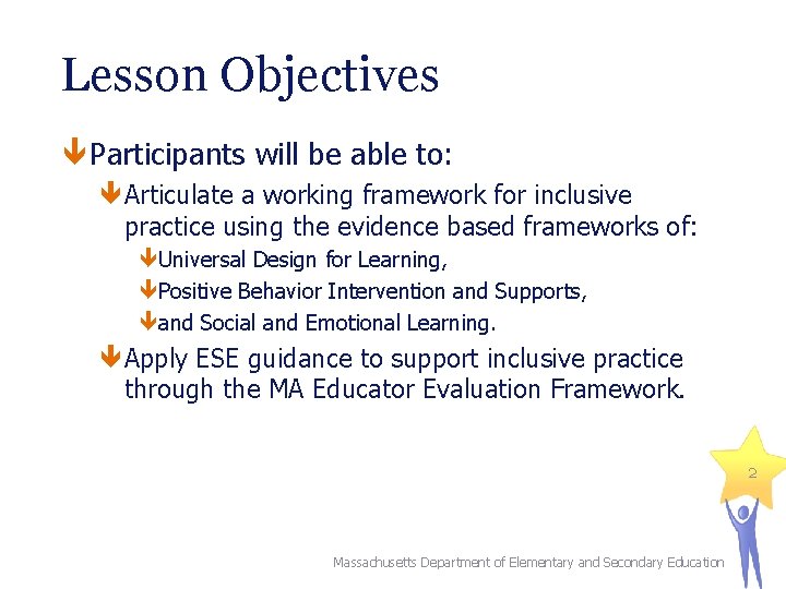 Lesson Objectives Participants will be able to: Articulate a working framework for inclusive practice Lesson Objectives Participants will be able to: Articulate a working framework for inclusive practice