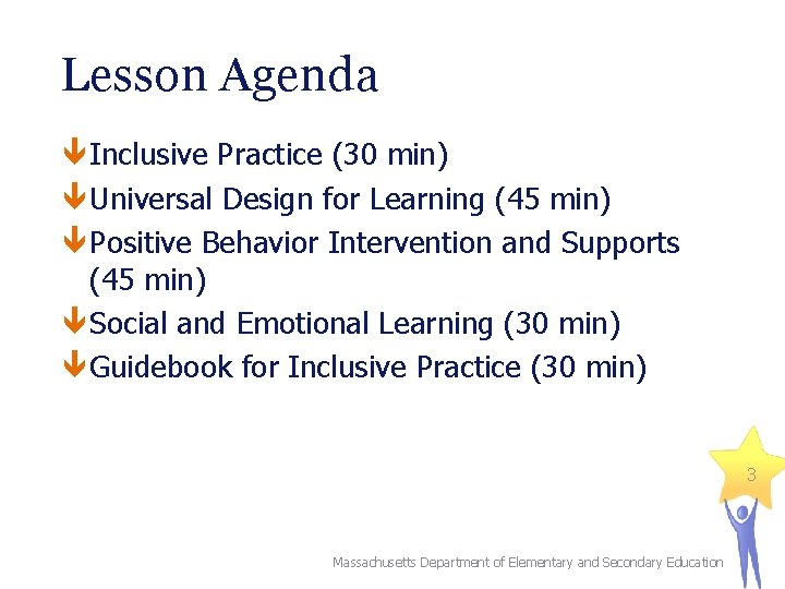 Lesson Agenda Inclusive Practice (30 min) Universal Design for Learning (45 min) Positive Behavior Lesson Agenda Inclusive Practice (30 min) Universal Design for Learning (45 min) Positive Behavior
