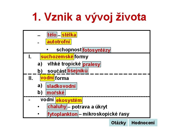 1. Vznik a vývoj života tělo – stélka autotrofní • schopnost fotosyntézy I. suchozemské