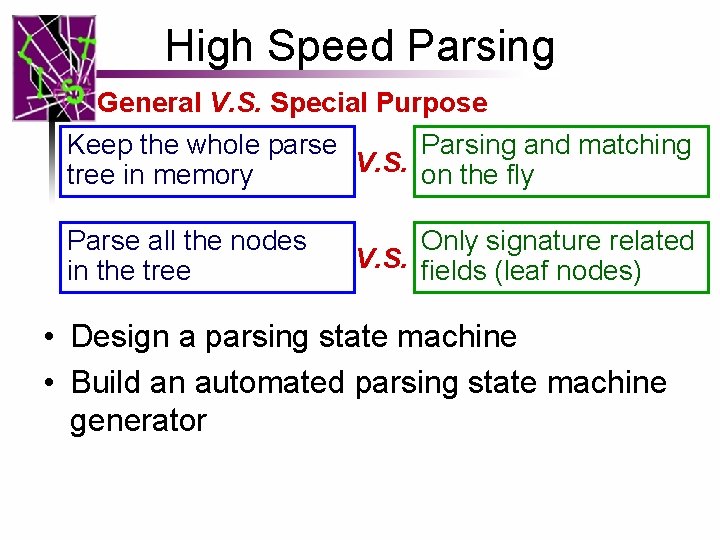 High Speed Parsing General V. S. Special Purpose Keep the whole parse Parsing and