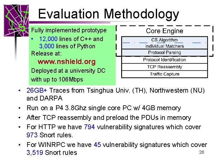 Evaluation Methodology Fully implemented prototype • 12, 000 lines of C++ and 3, 000