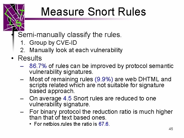 Measure Snort Rules • Semi-manually classify the rules. 1. Group by CVE-ID 2. Manually