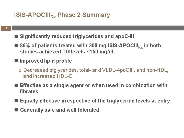 ISIS-APOCIIIRx Phase 2 Summary 17 Significantly reduced triglycerides and apo. C-III 86% of patients