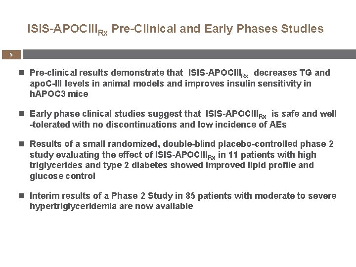 ISIS-APOCIIIRx Pre-Clinical and Early Phases Studies 5 Pre-clinical results demonstrate that ISIS-APOCIIIRx decreases TG