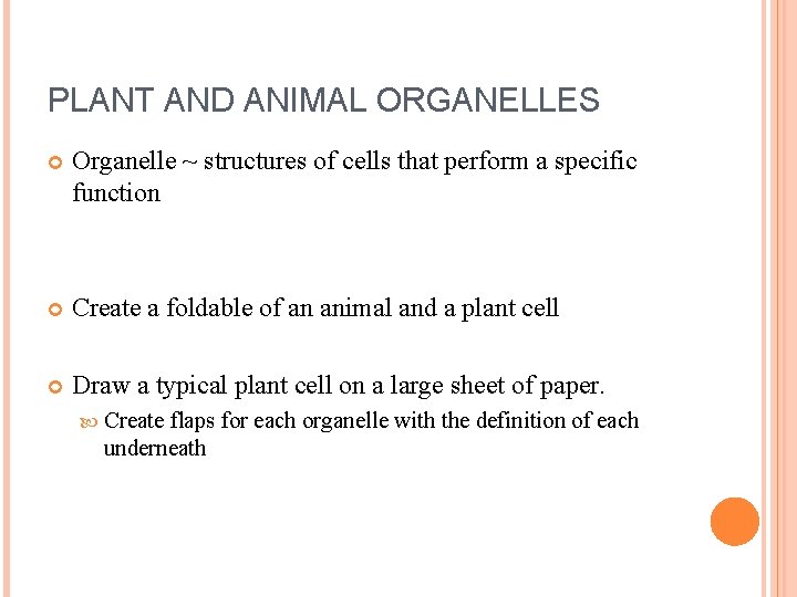 PLANT AND ANIMAL ORGANELLES Organelle ~ structures of cells that perform a specific function