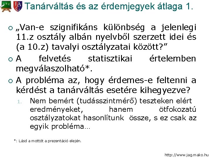 Tanárváltás és az érdemjegyek átlaga 1. ¡ ¡ ¡ „Van-e szignifikáns különbség a jelenlegi