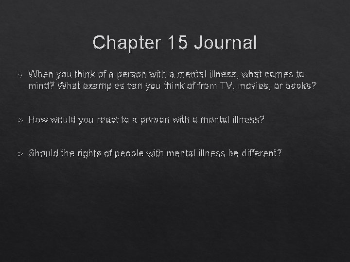 Chapter 15 Journal When you think of a person with a mental illness, what