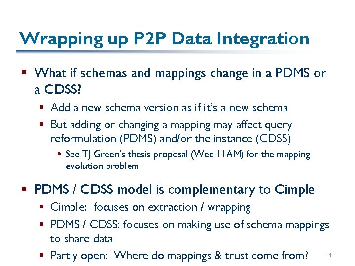 Wrapping up P 2 P Data Integration § What if schemas and mappings change