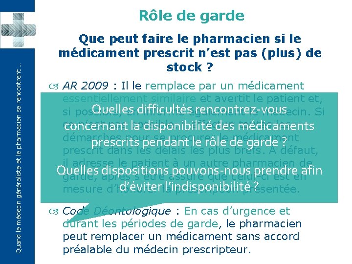 Quand le médecin généraliste et le pharmacien se rencontrent … Rôle de garde Que