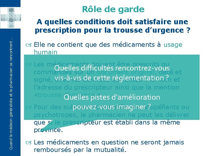 Rôle de garde Quand le médecin généraliste et le pharmacien se rencontrent … A